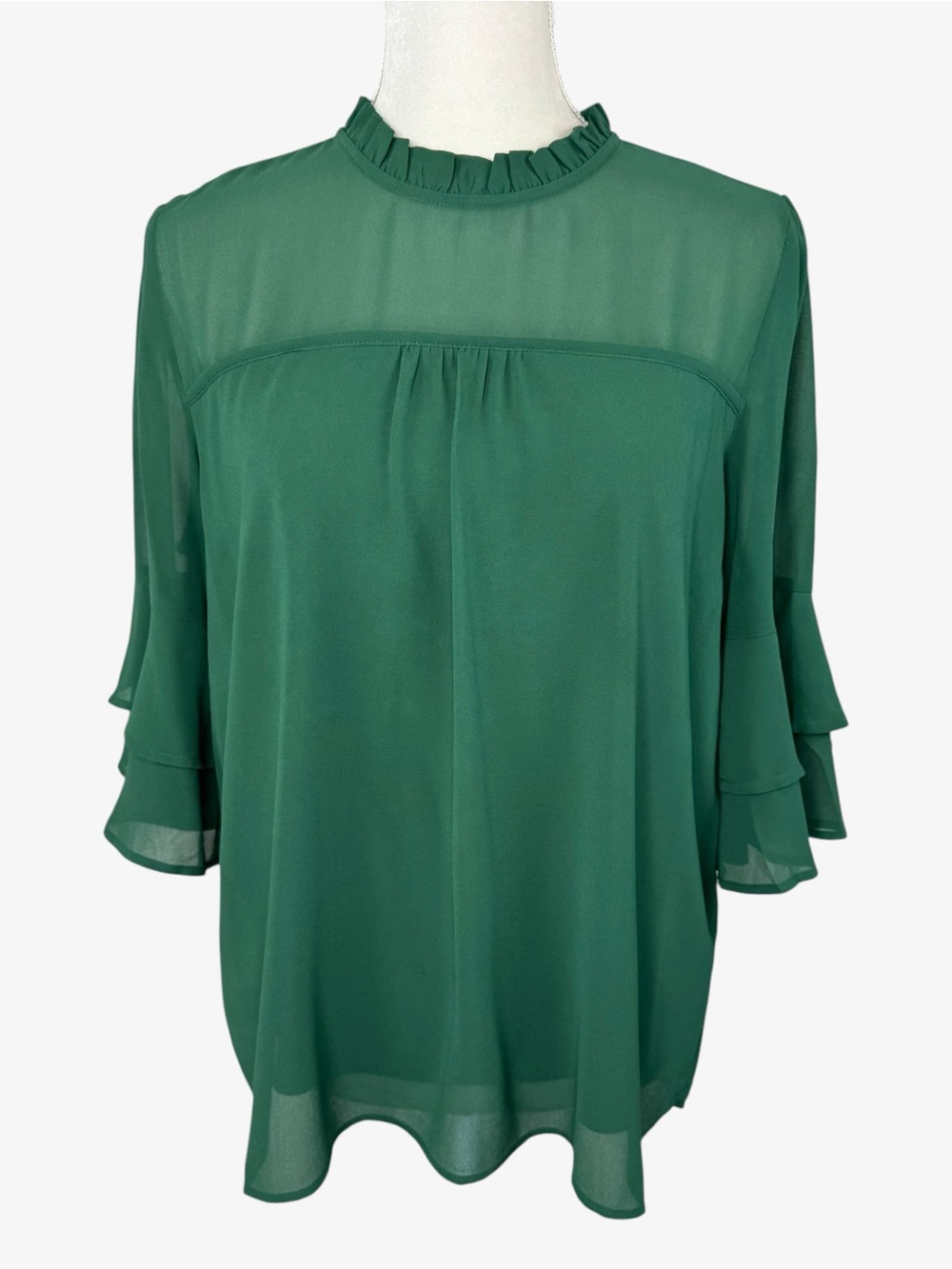 Monteau elegant green 3/4 sleeve blouse XL ruffle collar high neck sheer panel